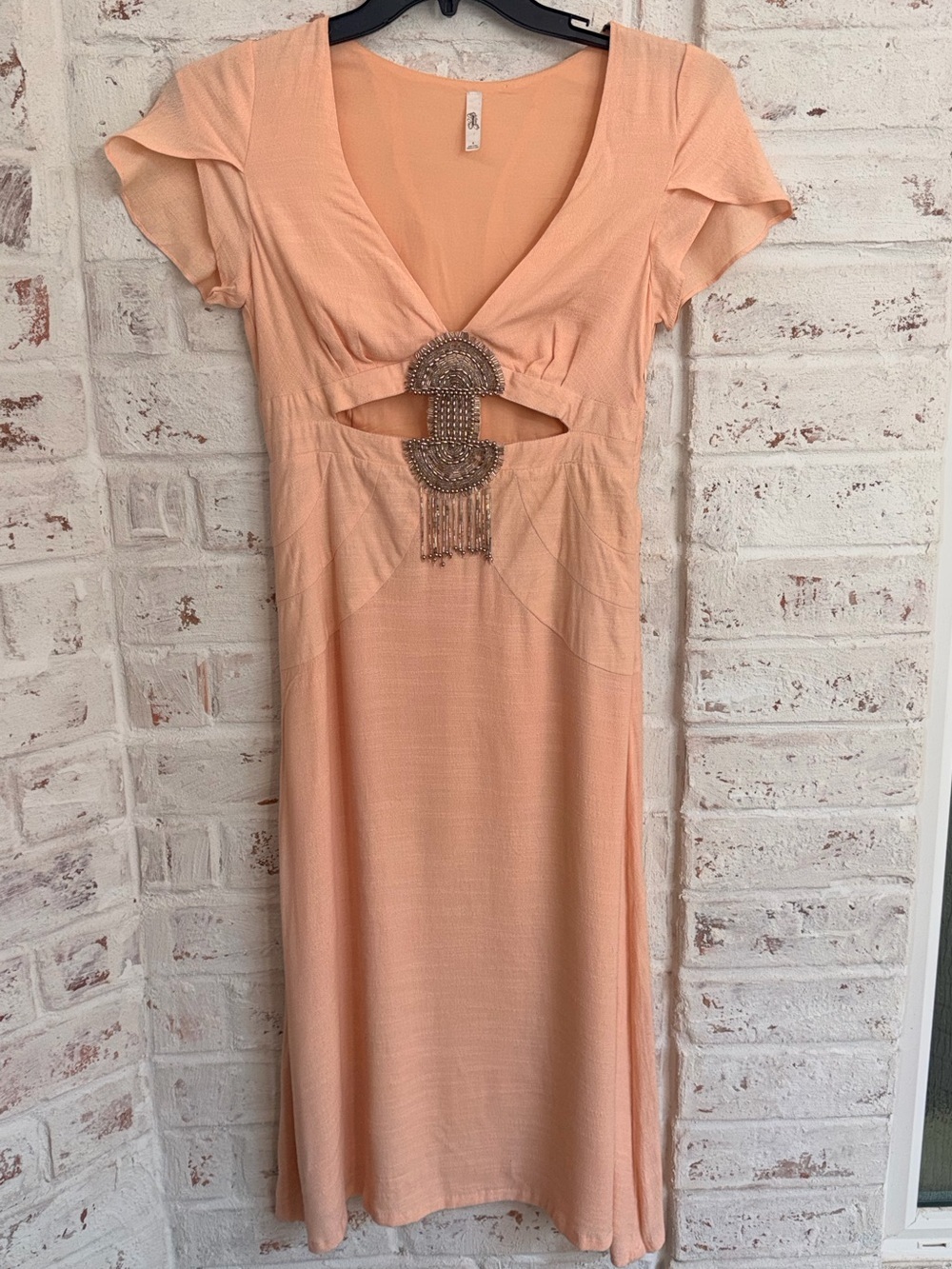 Free People Meet Me There Beaded Fringe Cutout Midi Dress Peach Pink Size 4